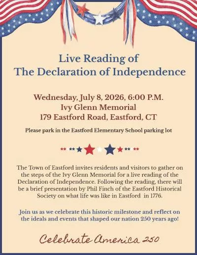 Flyer with event information for reading of the Declaration of Independence on July 8th. Flyer contains patriotic red, white, and blue elements.