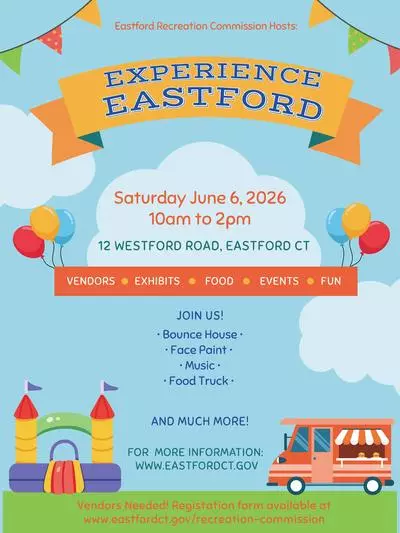 Flyer with event info on a scene of grass and sky, with bounce house and food truck