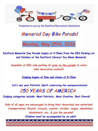 Event Flyer with red and blue text on white background with patriotic elements