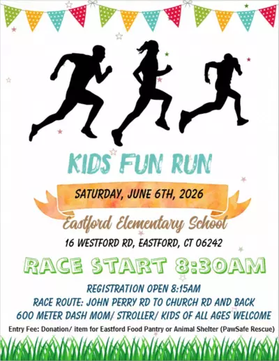Event flyer with fun run information and image of grass and runners.